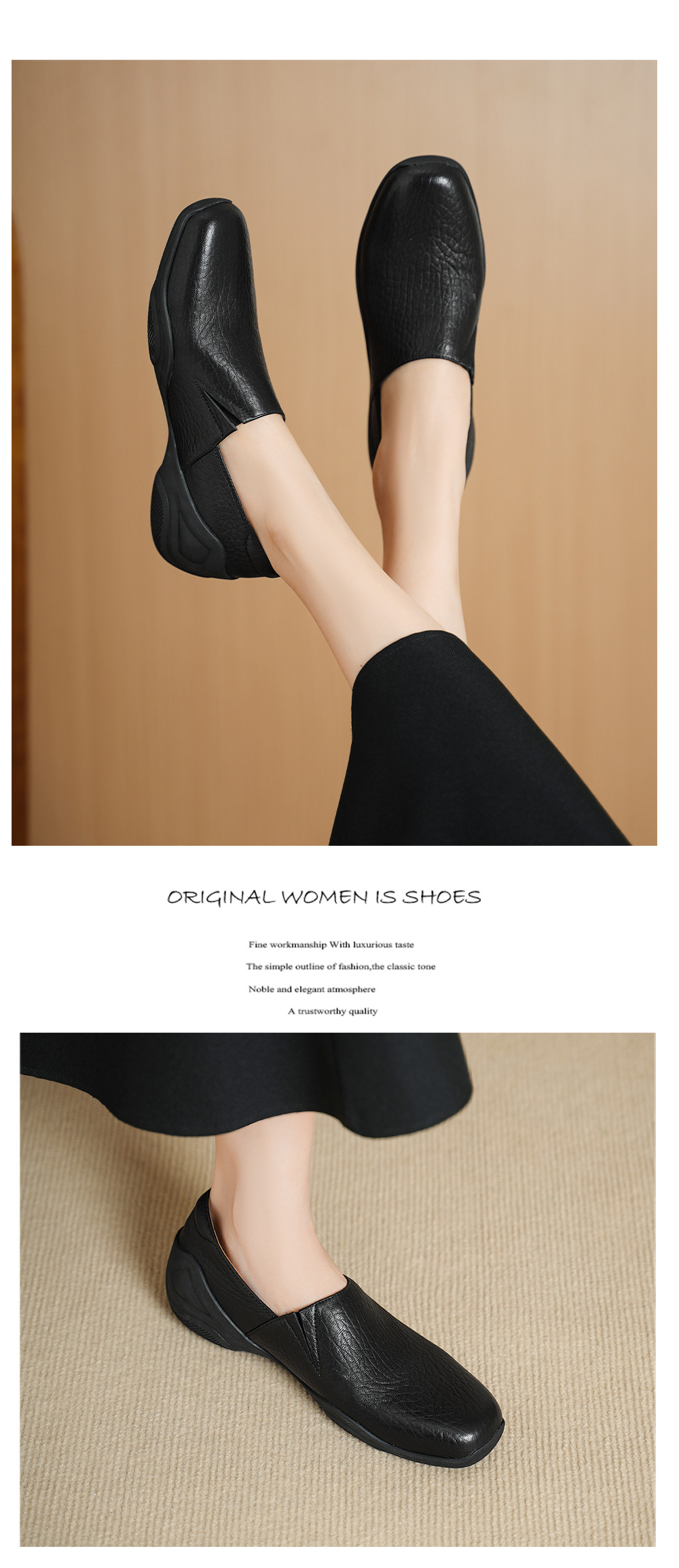 Giày loafer nữ da dê mũi tròn, gót trung 3 cm, hoa nổi, phong cách cổ điển — đen chi tiết 7