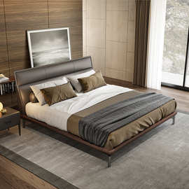 意式真皮床北欧全实木床1.8米双人轻奢婚床现代简约主卧床