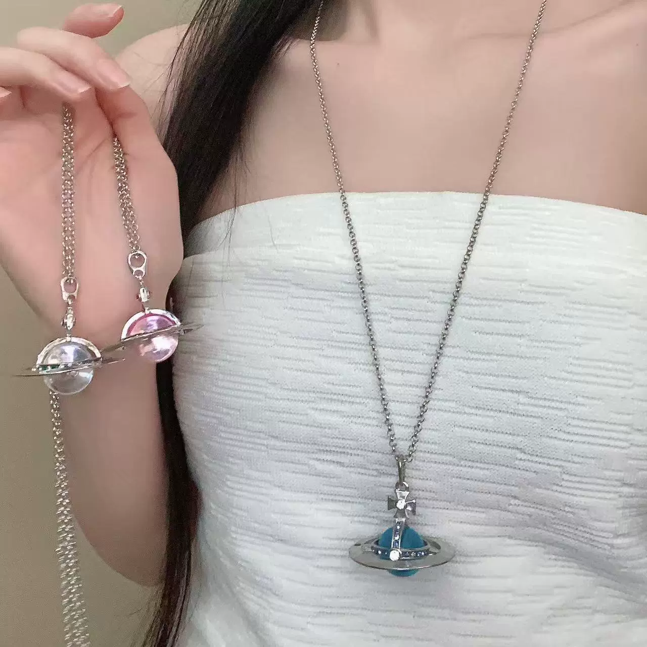 西太后大号土星吊坠项链水钻镶嵌立体飞碟长款毛衣链时尚气质项饰