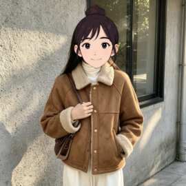 美拉德皮毛一体短外套女2026秋冬新款加绒加厚保暖小个子外套上衣