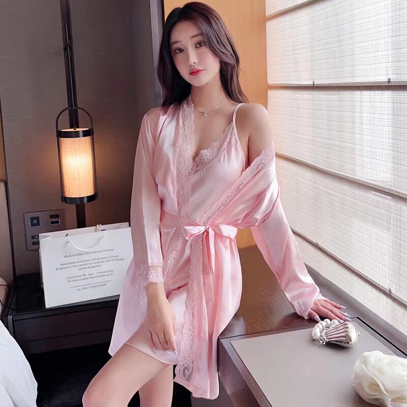 2025 New Sexy Pajamas Women's Summer Thin Ice Silk Sling Nightgown Nightgown Two-piece Set Pure Long Sleeve