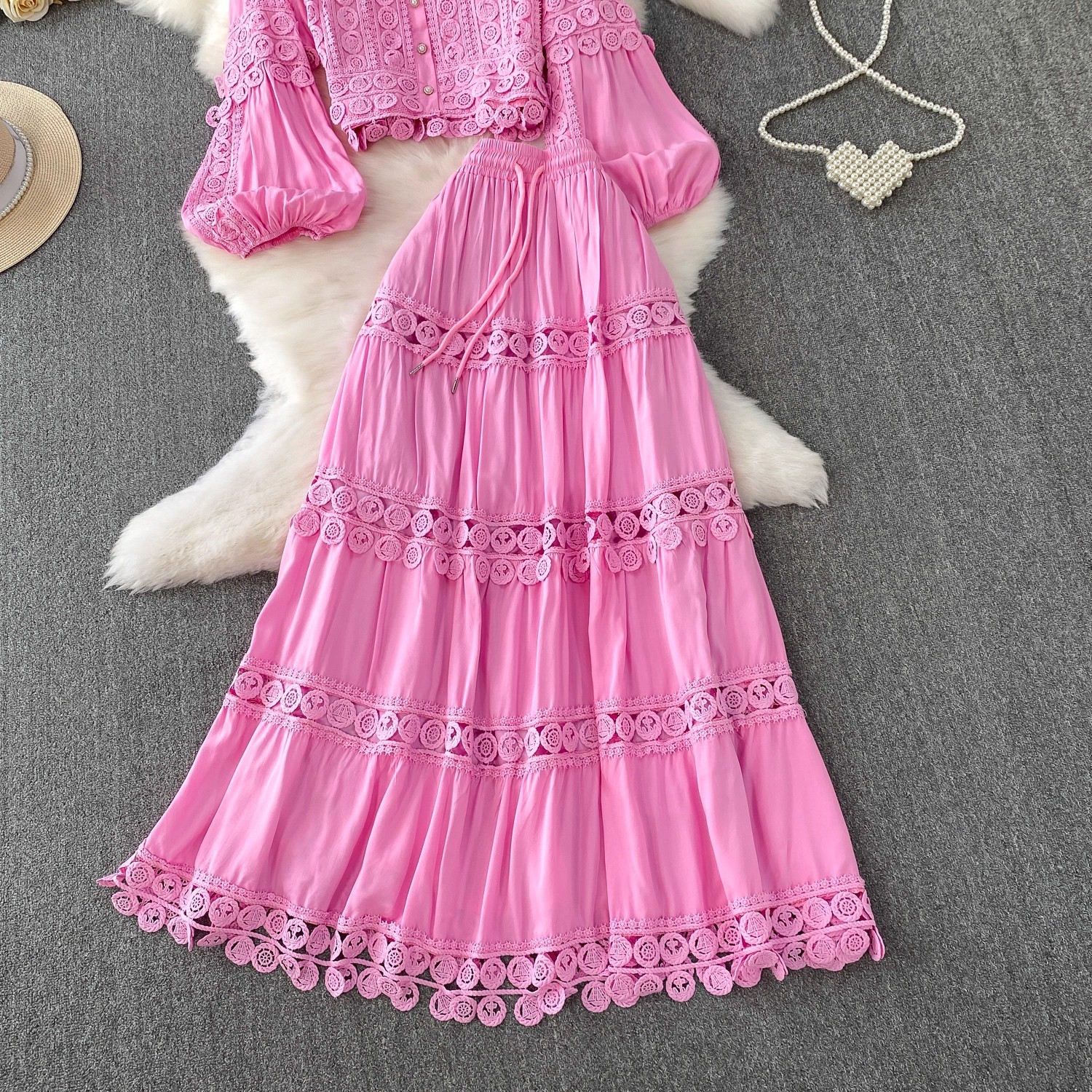 Elegantes Damen Zweiteiler Set Rosa Spitzenbluse Mit Rock_voghion.com
