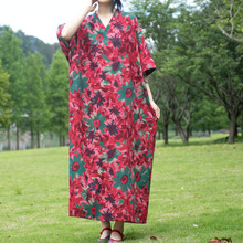 春夏新款女装民族风印花棉麻连衣裙宽松V领中袖长裙红花 复古遮肉
