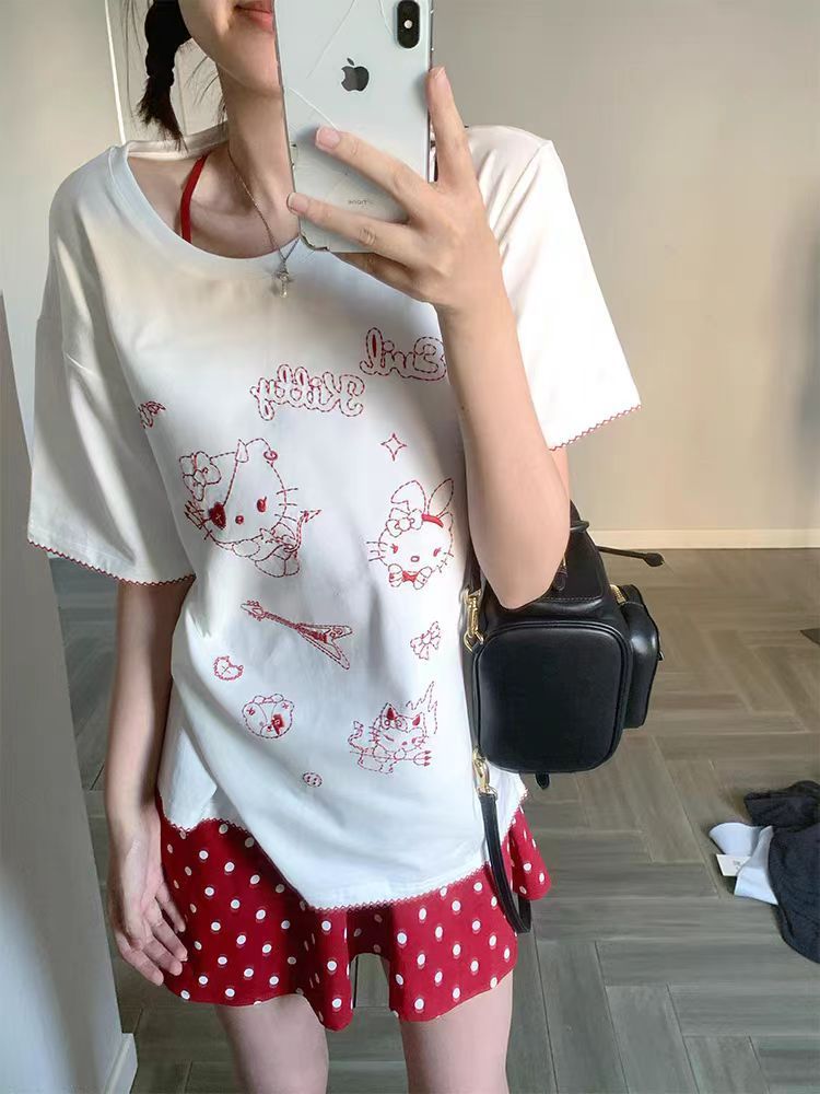 Yeyuan Pure Desire 귀여운 토끼 자수 오른쪽 어깨 반팔 티셔츠 소녀 여름 슬리밍 다목적 학생상의