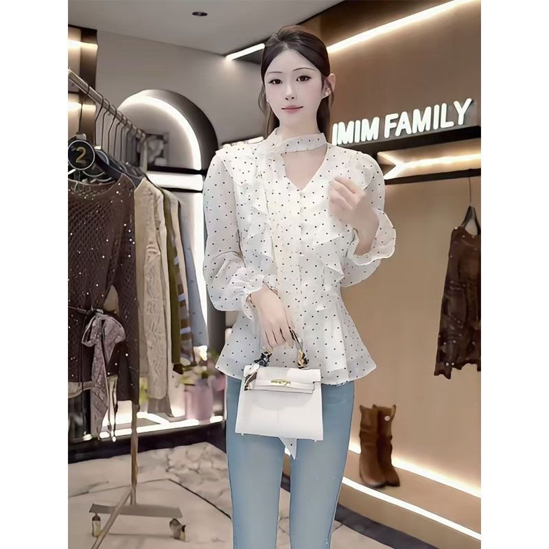 Stylish tie-neck ruffled long-sleeve polka dot shirt, 2026 early autumn new French-style chic top