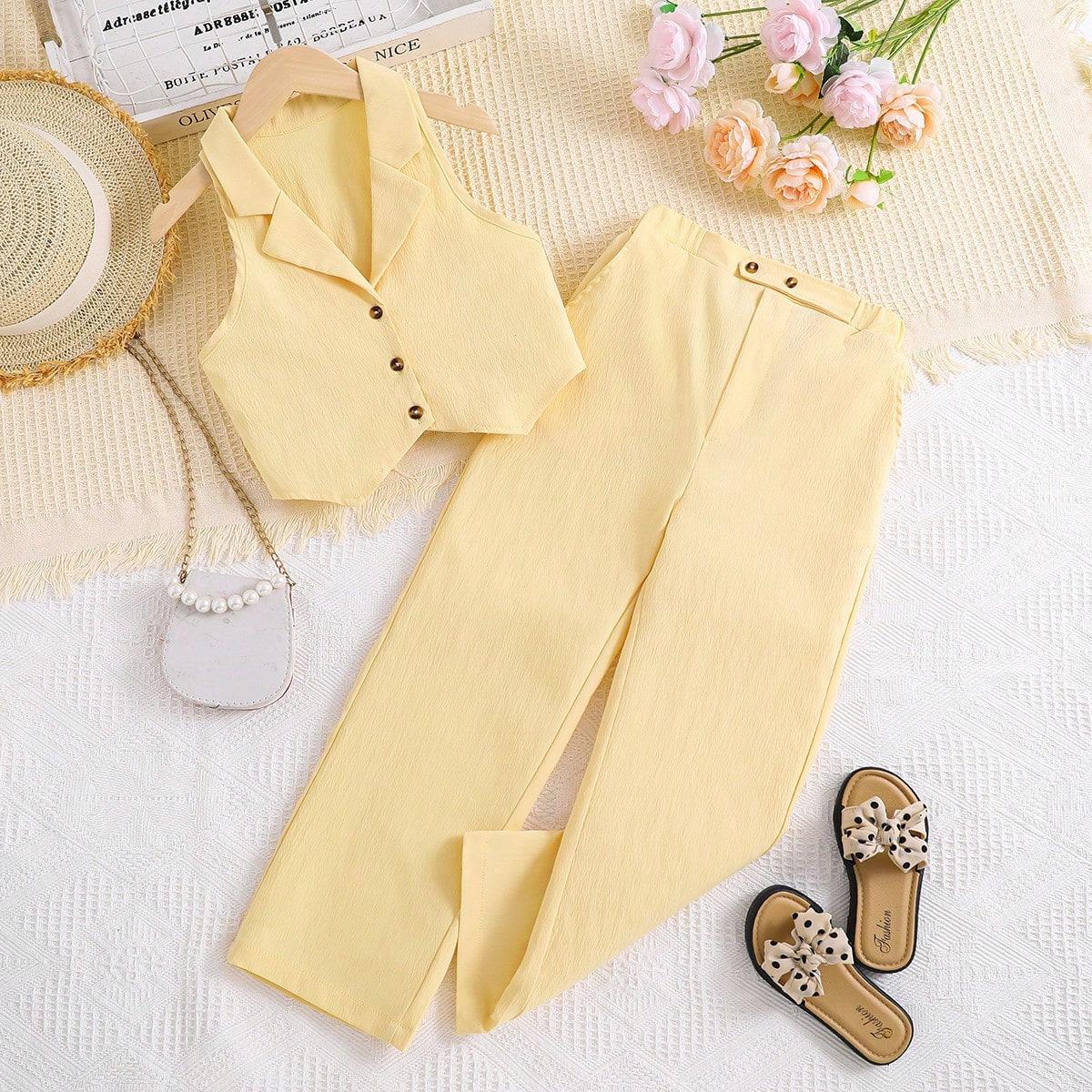 Traje para niños Verano coreano cardigan sin mangas traje corto top pantalones de dos piezas para niñas ropa infantil transfronteriza
