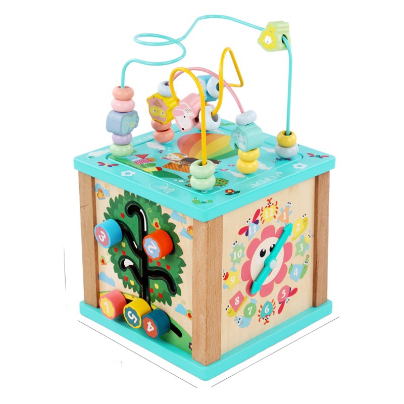 Caja de tesoro de cuentas multifuncional de cuatro lados de madera para niños juguetes de desarrollo de inteligencia de Educación Temprana a juego con forma infantil