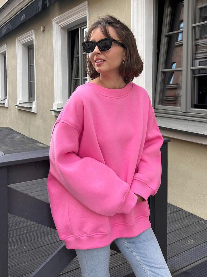 Áo sweatshirt nữ cổ tròn dáng rộng oversize tay dài chất liệu nỉ lông — Hoa màu xám, Màu cà phê, Màu trắng, Xanh navy chi tiết 3