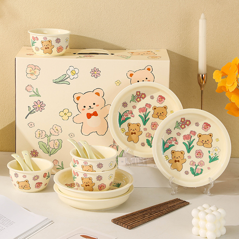 Cartoon Bear Cream Tableware Set Cute Household Ceramic Bowls and Plates Gift Box Set Company Annual Meeting Souvenir Cartoon Bear Cream Tableware Set Cute Household Ceramic Bowls and Plates Gift Box Set Company Annual Meeting Souvenir