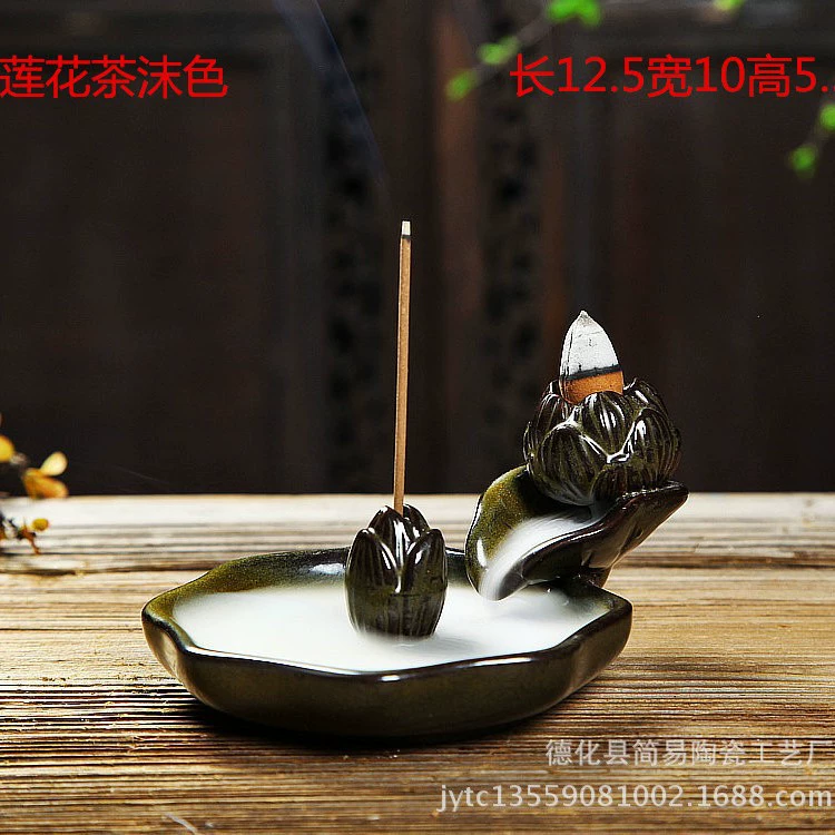 Ceramic Backflow Incense Burner, Lotus Inverted Design, Decorative Buddha Incense Holder