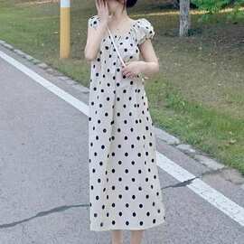 夏季新款泡泡袖韩版气质波点温柔系带甜美宽松减龄遮肉显瘦连衣裙