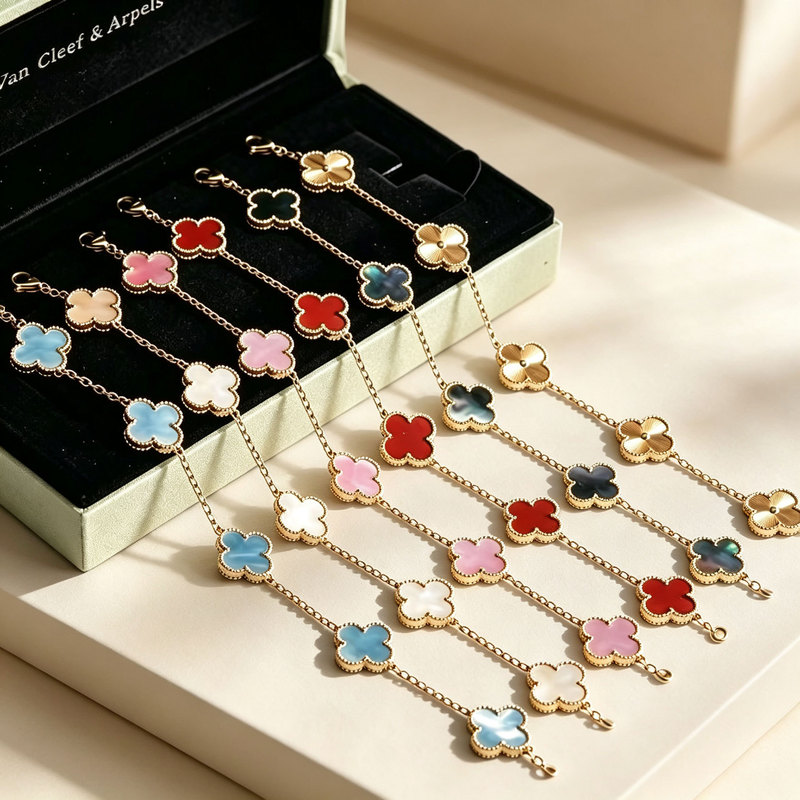 Cross-border best-selling double-sided four-leaf clover bracelet, V-shaped gold-plated 18k real gold mother-of-pearl bracelet, versatile and colorful