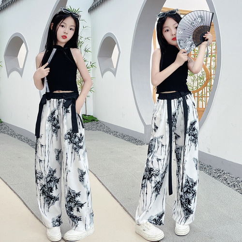 Women's Summer Outfit Set New Chinese Style Girl Tank Top Summer Thin Watercolor Wide Leg Pants Stylish Two-Piece Set