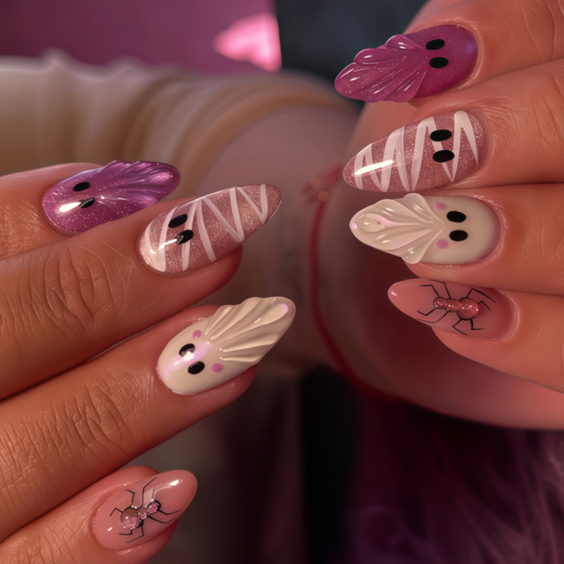 Halloween Almond-Shaped 3D Resin Ghost Spider Mummy Bandage Fake Nails 30 Pieces Finished Wearable Nails Wholesale