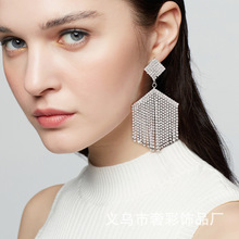 新款几何形线条水钻耳坠 时尚通勤菱形流苏耳环 欧美夸张耳饰女