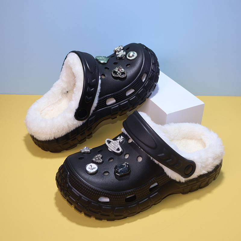 Women's fleece-lined clogs, new winter style, featuring a Saturn design, cute accessories, and warm lining Women's fleece-lined clogs, new winter style, featuring a Saturn design, cute accessories, and warm lining