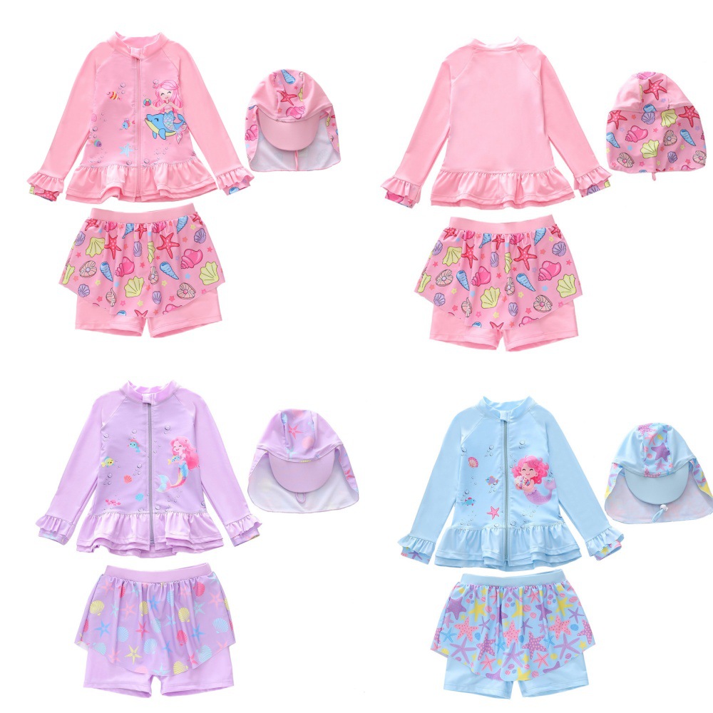 2025 New Children's Swimsuit for Girls, Two-Piece Mermaid Ruffle Zipper Swimsuit, Girls' Swimwear