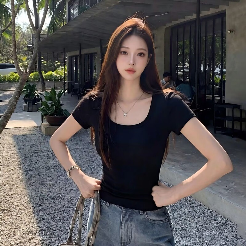 Short Sleeve Pure Cotton Stretch U-Neck T-Shirt for Women, 2026 Summer New Korean Style Slim Fit Women's Outerwear Top Short Sleeve Pure Cotton Stretch U-Neck T-Shirt for Women, 2026 Summer New Korean Style Slim Fit Women's Outerwear Top
