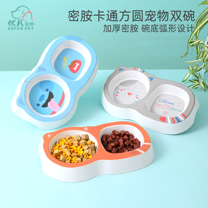 공장 도매 새로운 애완 동물 용품 두꺼운 만화 멜라민 애완 동물 더블 그릇 물 고양이 먹이 분지 고양이 그릇