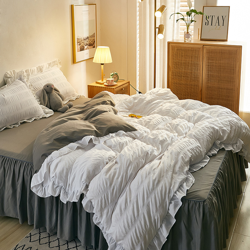 Korean Style ins Girl's Heart Princess Wind Bed Four-piece Set Washed Cotton Summer Bed Sheet Quilt Cover Three-piece Set Bed Skirt 4