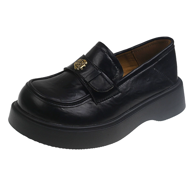 Round toe brown British style thick heel thick sole small leather shoes for women in spring and autumn 2025 new French one-foot loafer shoes