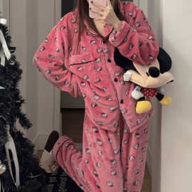 秋冬新款克加厚法兰绒卡通开襟女睡衣家居服春季