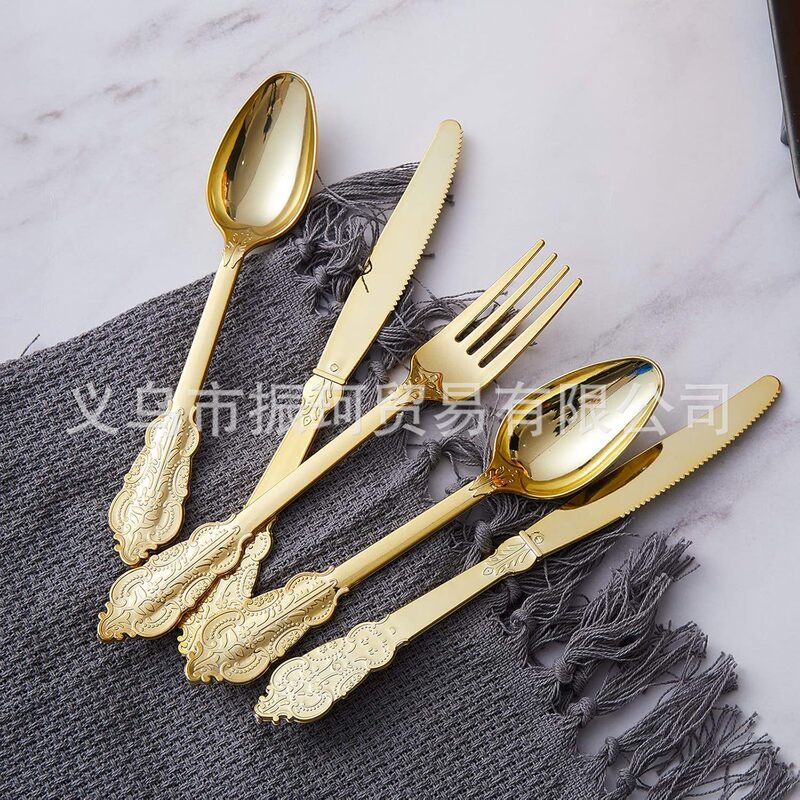 Factory Price Spot Direct Sales Retro Embossed Gold Disposable Plastic Cutlery, Forks and Spoons Party Wedding Tableware