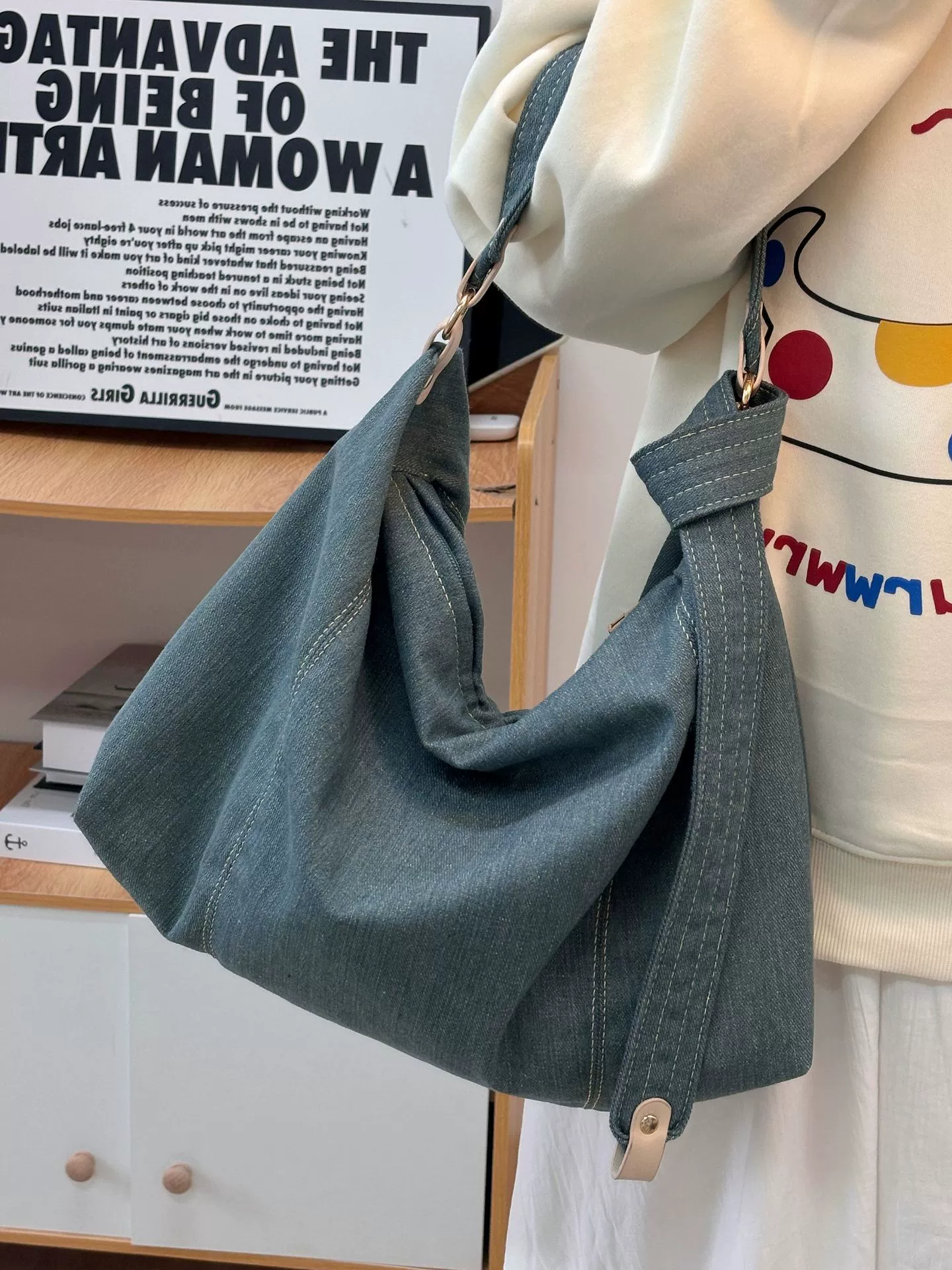 Многозанковая емкая джинсовая сумка-шопер, сумка подмышку, сумка через плечо