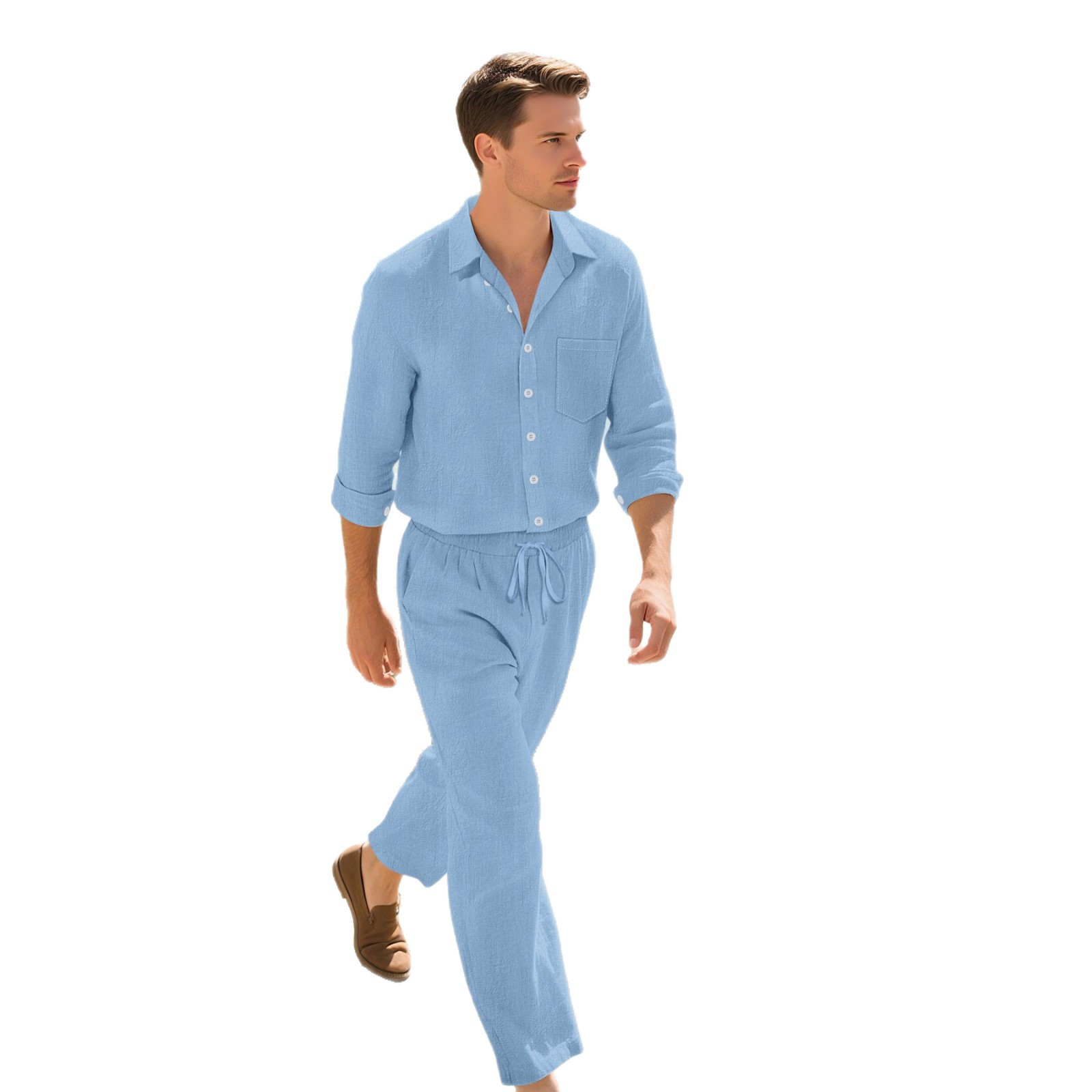 Lässiges Leinenhemd und Hose im europäischen/amerikanischen Stil für Herren – atmungsaktive Strand-Loungewear für Frühling, Sommer und Herbst_voghion.com