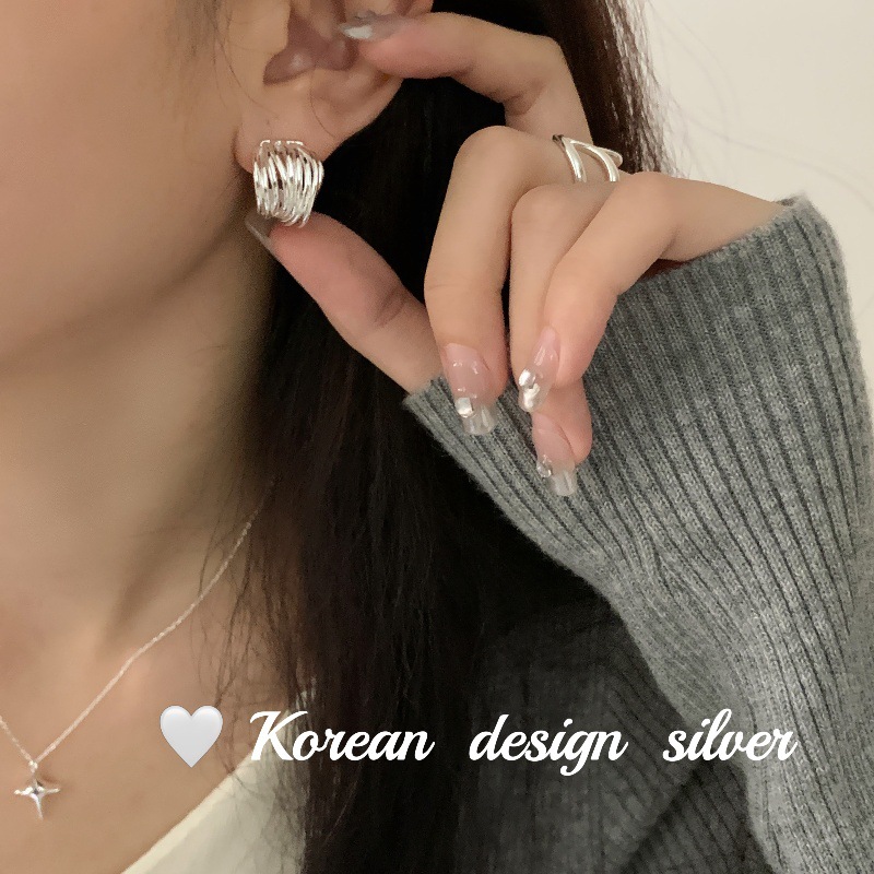 韓國網紅小眾設計飾品 S925純銀多線條耳釘 高級感養耳洞耳環女