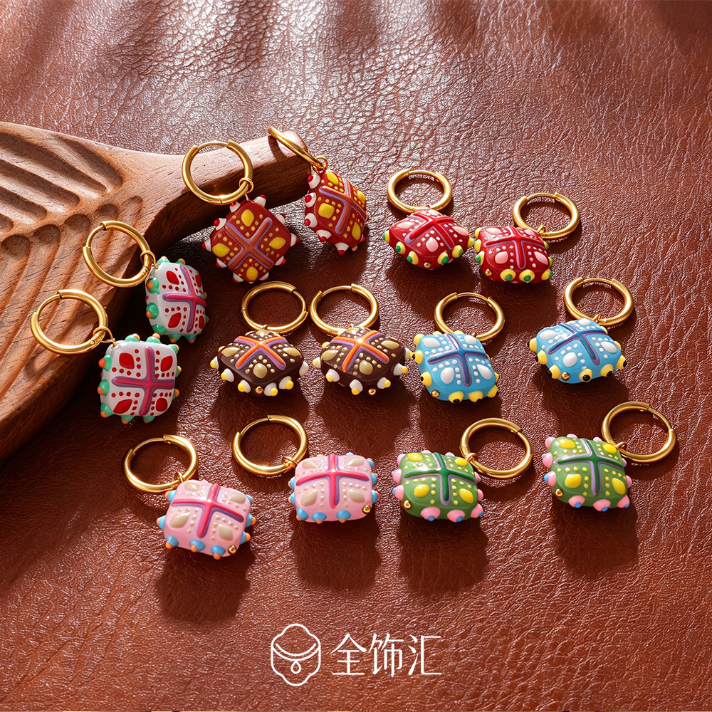 Bohemian retro ethnic style painted beetle pendant earrings, stainless steel gold-plated three-dimensional hoop earrings