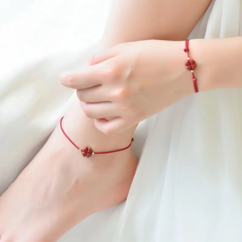 Natural Cinnabar Lucky Four-leaf Clover Red Rope Thin Bracelet for Women and Men This Year of Life Hand-woven Couple Hand Rope Foot Chain