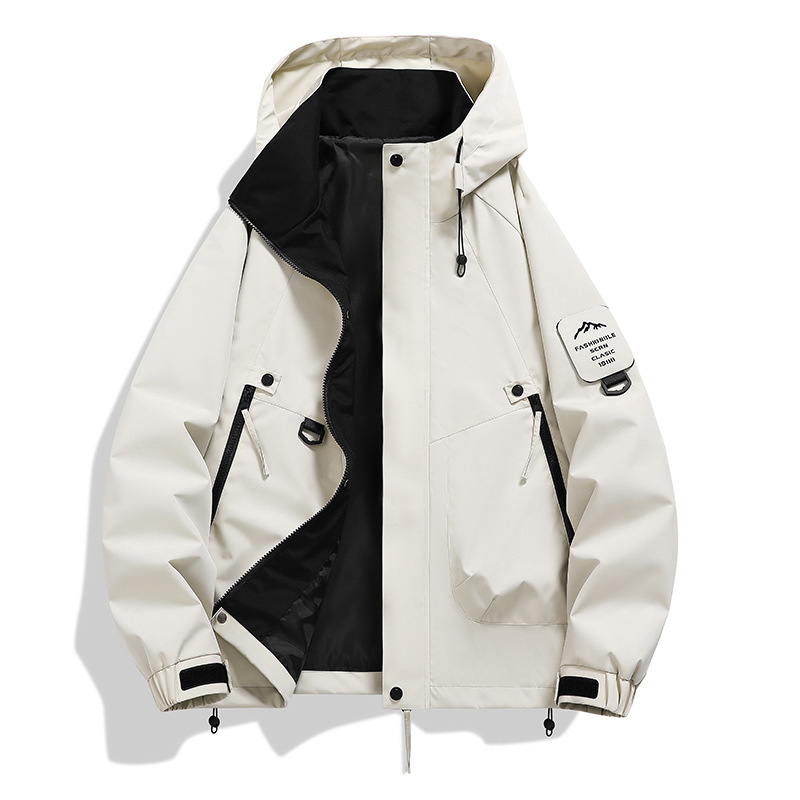 Men's casual spring and autumn jacket, functional workwear, outdoor waterproof and windproof mountaineering and cycling hooded coat