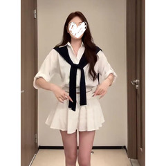 韩版INS学院风黑色披肩Polo领长袖衬衫女新款高腰半身裙短裙穿搭