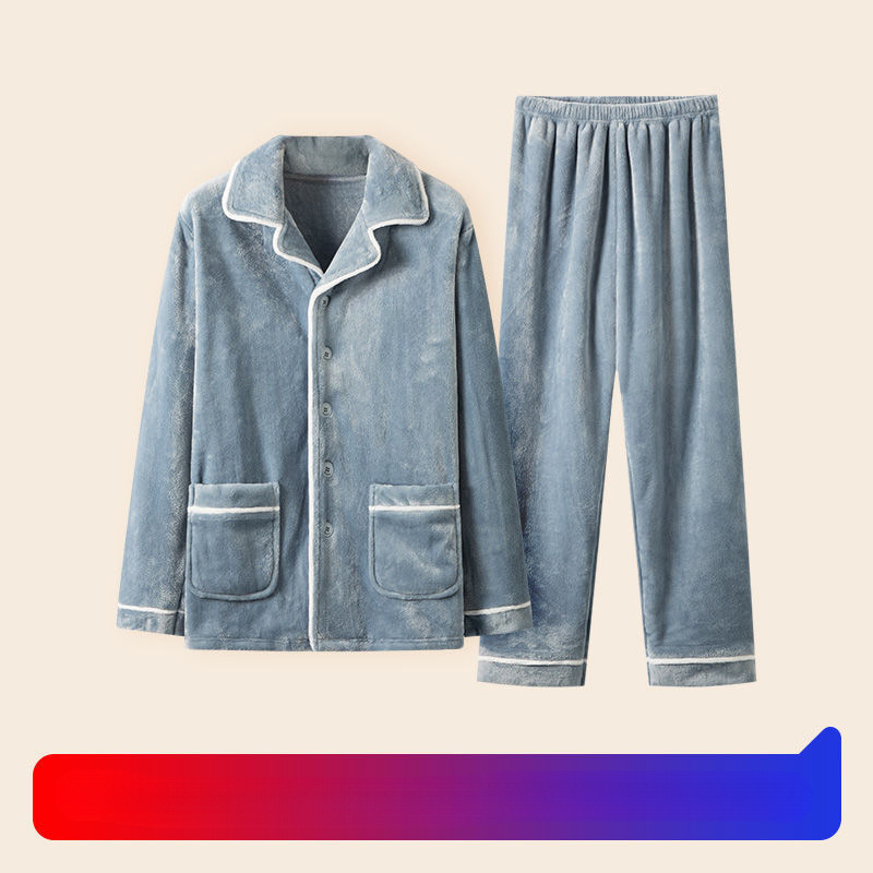 Transfronterizo hombre coral terciopelo pijama otoño y invierno grueso terciopelo cálido manga larga suelta franellas set de ropa para el hogar