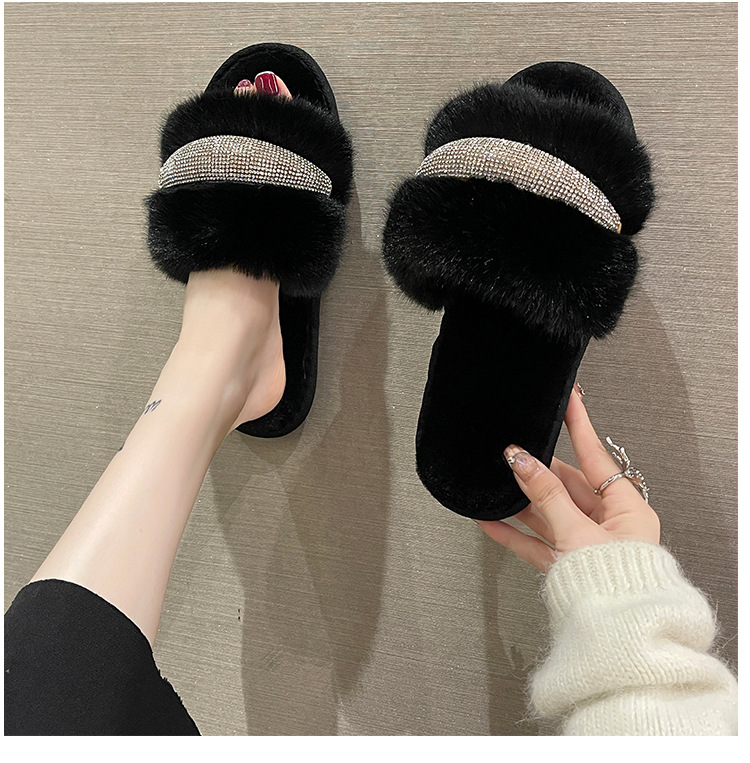 Pantofole piatte in cristallo di nuova pelliccia per il commercio estero con diamanti Moda donna alta e bassa in lana con apertura a una linea in cotone transfrontaliero_voghion.com