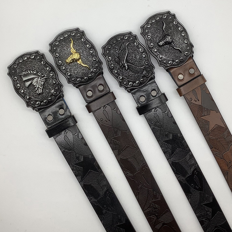 Nuevo cinturón de mezclilla occidental transfronterizo para hombres, hebilla de cabeza de toro impresa pesada, cinturón de cuero retro de moda al por mayor