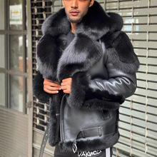 速卖通独立站wish黑色大毛领连帽加厚加绒男士皮衣6556