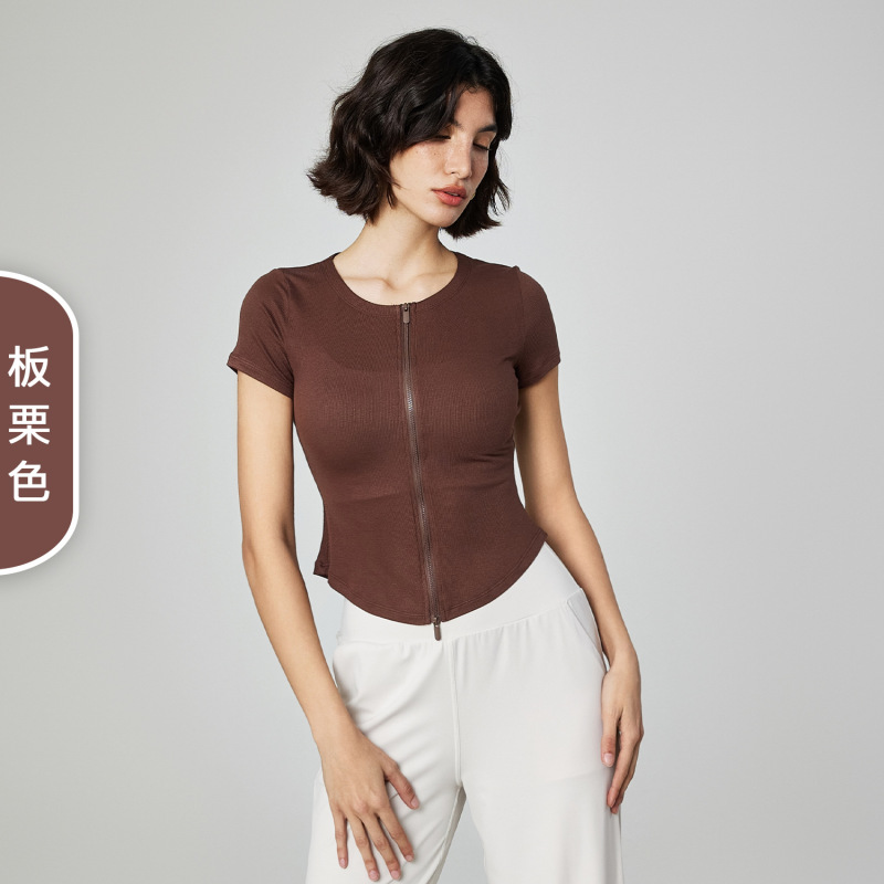 モーダル裸感修身スポーツtシャツ女性丸首ファスナーヨガ服カジュアル小蛮腰フィットネス半袖夏|undefined