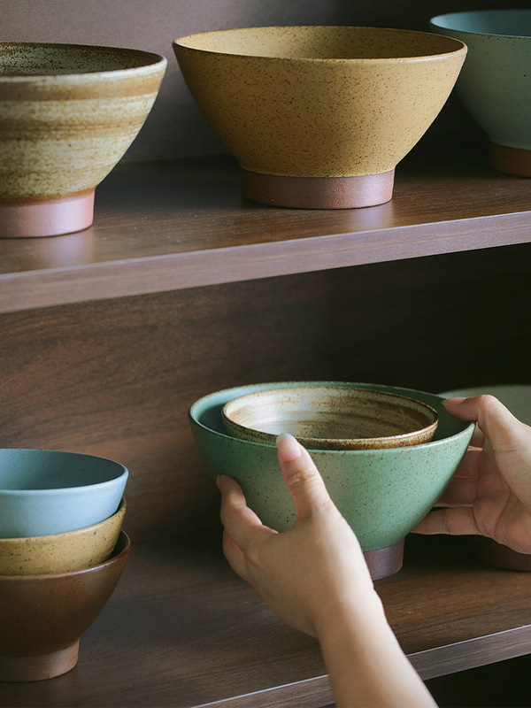 Zeten's Rice Bowl with High Legs, Anti-Scalding, Japanese-Style Coarse Pottery, Retro and Nostalgic, Suitable for Mixing Cold Dishes, Microwave-Safe, Thickened and L-Shaped