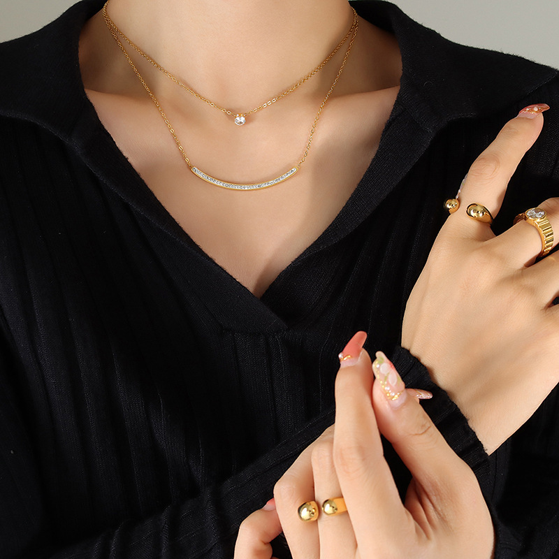 European and American necklace women smile zircon double-layer stacked necklace female titanium steel gold-plated clavicle necklace P943