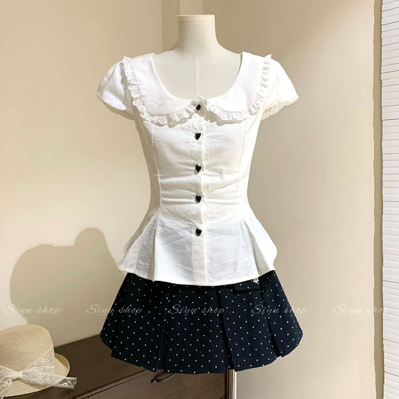 Summer Unique Sweet Japanese-Style Sea Salt Milk White Top with Puff Sleeves, Cinched Waist, Slim Fit, Youthful Shirt for Women Summer Unique Sweet Japanese-Style Sea Salt Milk White Top with Puff Sleeves, Cinched Waist, Slim Fit, Youthful Shirt for Women
