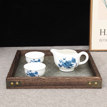 海棠花木质托盘玻璃方形茶托盘中式烧色茶具收纳盘家用点心水果盘