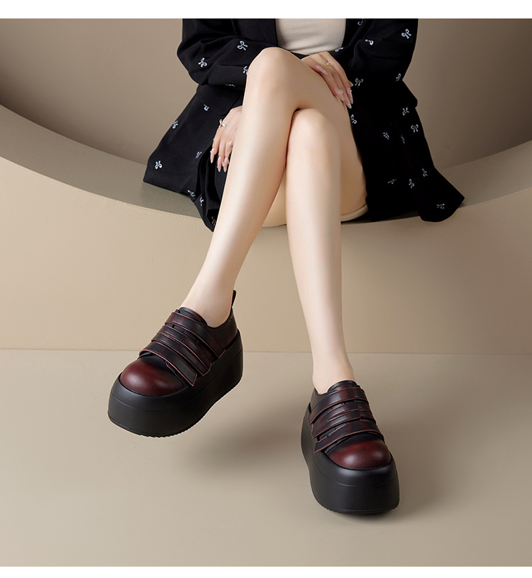 Giày loafer da thật đế xuồng cao 8cm, cổ miệng sâu, khóa Velcro tiện lợi — Màu đen, Màu đỏ chi tiết 14