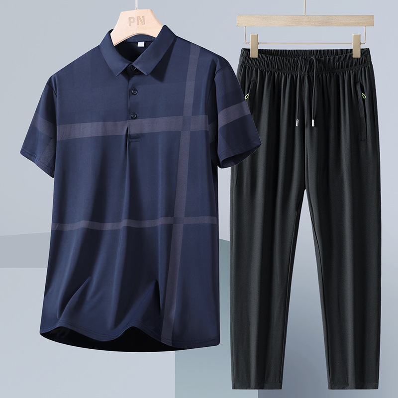 Verano de mediana edad y ancianos traje de polo hombres nuevos pantalones de manga corta de seda de hielo traje de papá suelto casual de dos piezas hombre