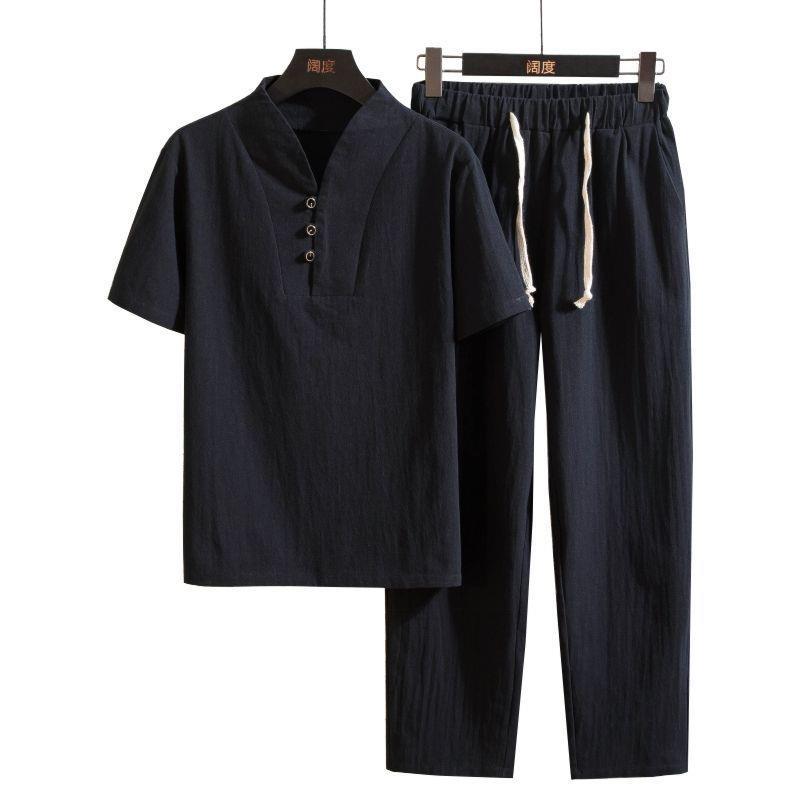 Traje de lino de estilo chino Traje Hanfu de manga corta de verano para hombres Estilo antiguo Buda Té Zen Camiseta suelta con cuello en v Traje de dos piezas de algodón y lino