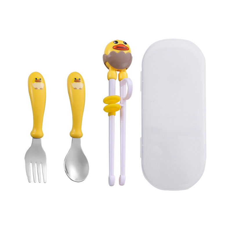 Nuevo 304 de acero inoxidable de dibujos animados para niños palillos de entrenamiento bebé lindo suplemento alimenticio cuchara tenedor portátil traje de tres piezas