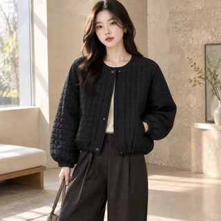 菱格压纹短款棉服女士冬季新款圆领宽松轻薄时髦百搭休闲棉衣外套