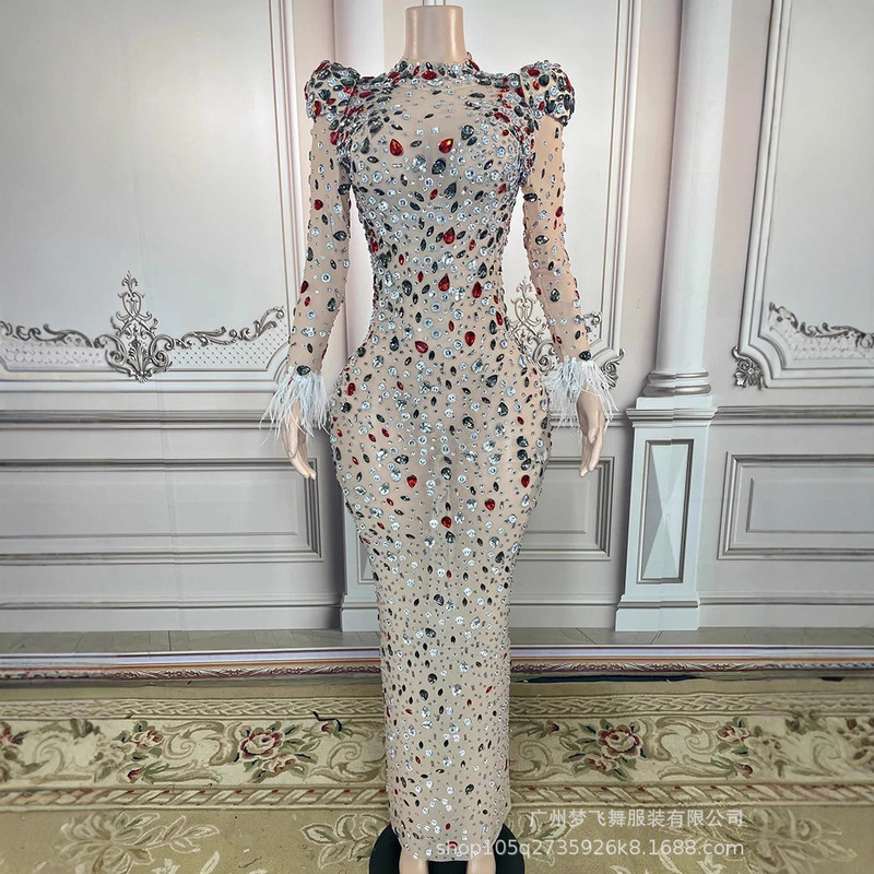 2024 New Elastic Mesh Slim Fit Shiny Diamond Elegant Feather Dress Maternity Photography High-End Performance Clothing