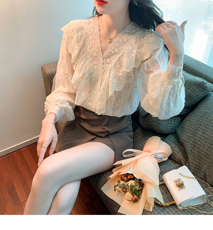 2023春季新款V领荷叶边衬衫女长袖蕾丝衫上衣温柔韩版仙女上衣详情14